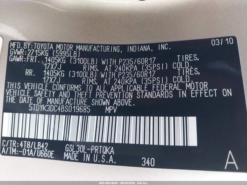 2011 Toyota Sienna VIN 5TDYK3DC4BS019685 IAAI salvage auction — REAR END, Rebuildable (Florida), sold $1,650 on 2026-07-21 (photo 9)