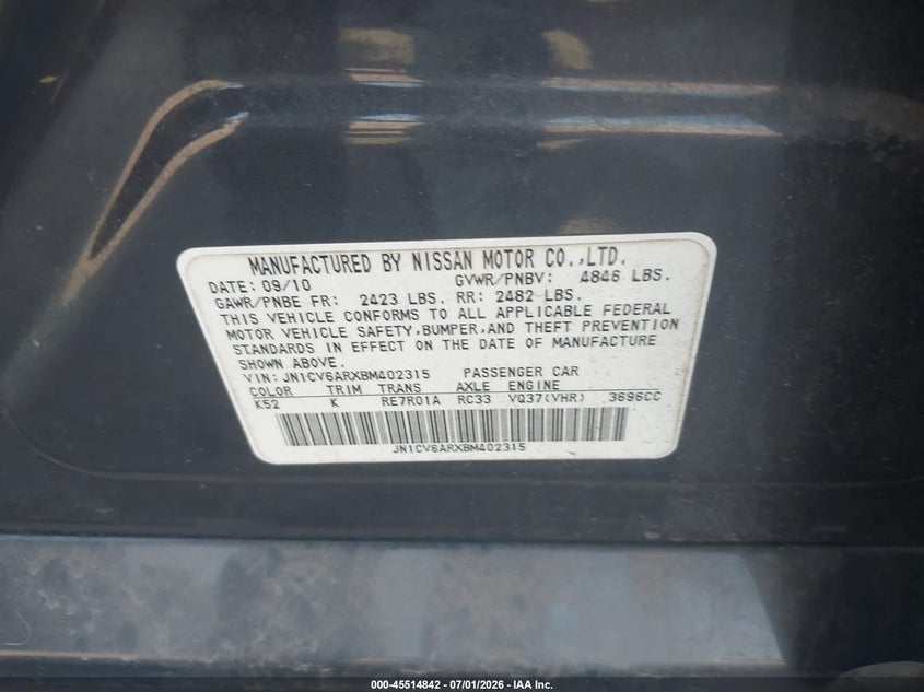 2011 Infiniti G VIN JN1CV6ARXBM402315 IAAI salvage auction — UNKNOWN, Salvage (Pennsylvania), sold $625 on 2026-07-24 (photo 9)