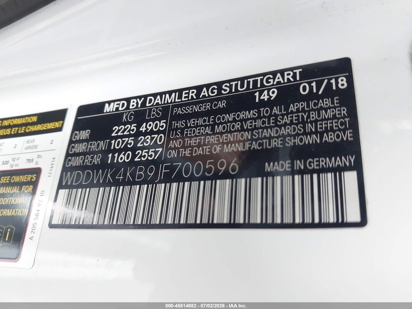 2018 Mercedes-benz C-klasse VIN WDDWK4KB9JF700596 IAAI salvage auction — RIGHT FRONT, Salvage (California), sold $7,100 on 2026-08-06 (photo 9)