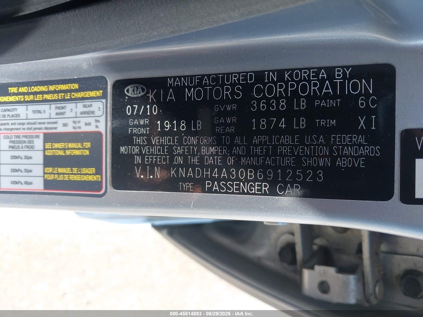 2011 Kia Rio VIN KNADH4A30B6912523 IAAI salvage auction — NORMAL WEAR, Clear-Dealer Only (North Carolina), sold $550 on 2026-07-29 (photo 9)