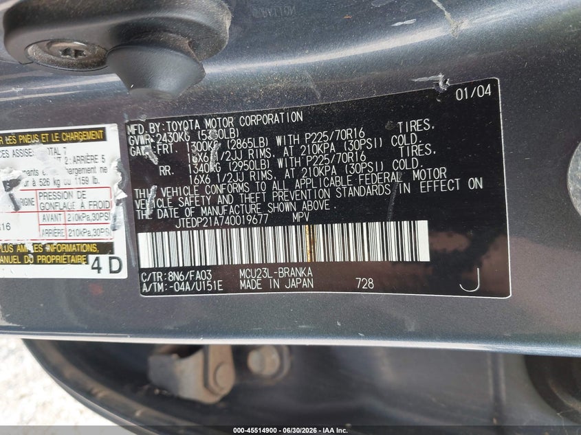 2004 Toyota Highlander VIN JTEDP21A740019677 IAAI salvage auction — NORMAL WEAR, Original (Texas), sold $725 on 2026-07-20 (photo 9)
