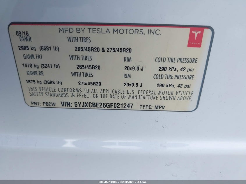 2016 Tesla Model x VIN 5YJXCBE26GF021247 IAAI salvage auction — NORMAL WEAR, Clear (Florida), sold $7,900 on 2026-07-29 (photo 9)