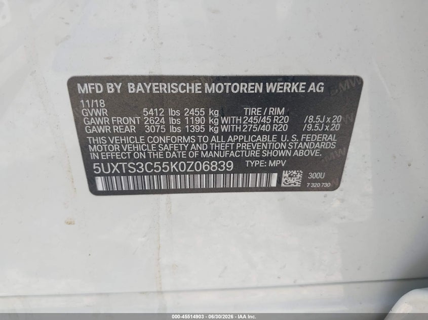 2019 BMW X3 VIN 5UXTS3C55K0Z06839 IAAI salvage auction — FRONT END, Salvage (Ohio), sold $5,900 on 2026-07-21 (photo 9)