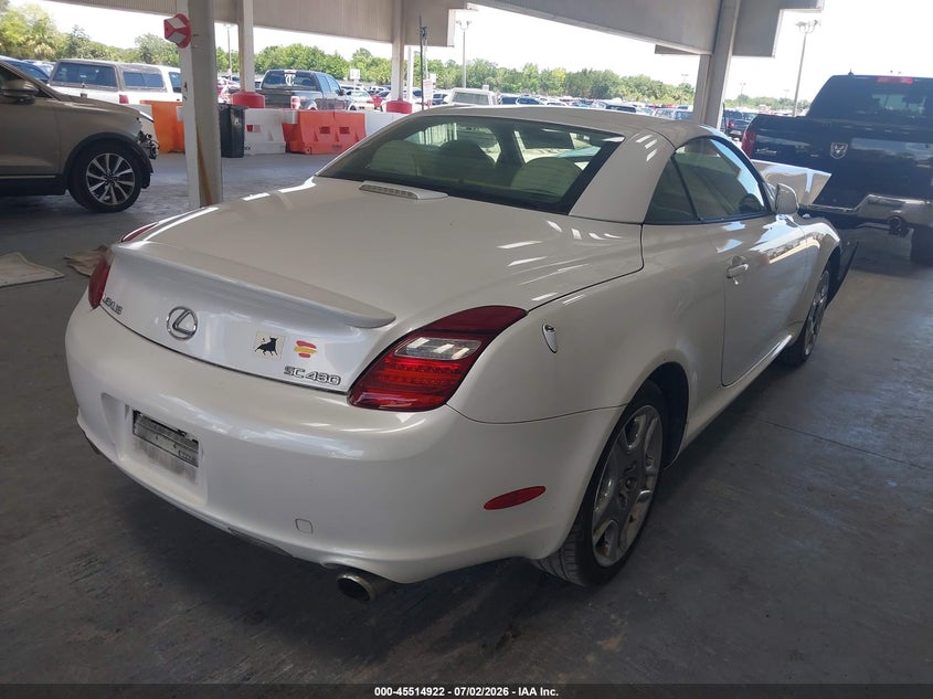 2008 Lexus Sc 430 VIN JTHFN45Y889019595 IAAI salvage auction — FRONT END, Rebuildable (Florida), sold $425 on 2026-07-29 (photo 4)
