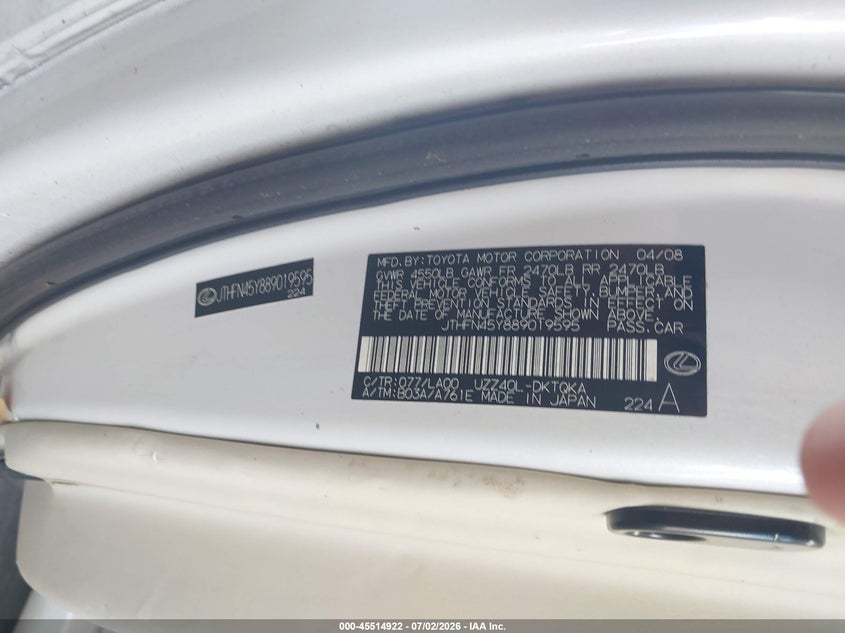 2008 Lexus Sc 430 VIN JTHFN45Y889019595 IAAI salvage auction — FRONT END, Rebuildable (Florida), sold $425 on 2026-07-29 (photo 9)