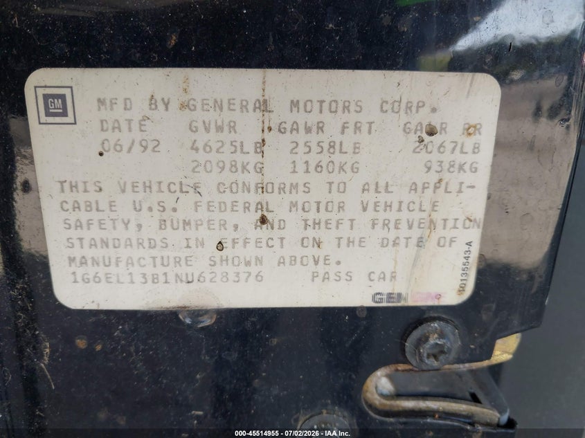 1992 Cadillac Eldorado VIN 1G6EL13B1NU628376 IAAI salvage auction — NORMAL WEAR, Clear (Florida), sold $350 on 2026-07-07 (photo 9)
