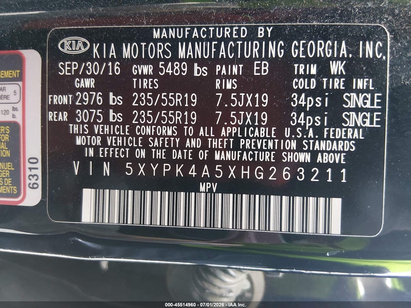 2017 Kia Sorento VIN 5XYPK4A5XHG263211 IAAI salvage auction — NORMAL WEAR, Clear (Alabama), sold $3,800 on 2026-07-20 (photo 9)