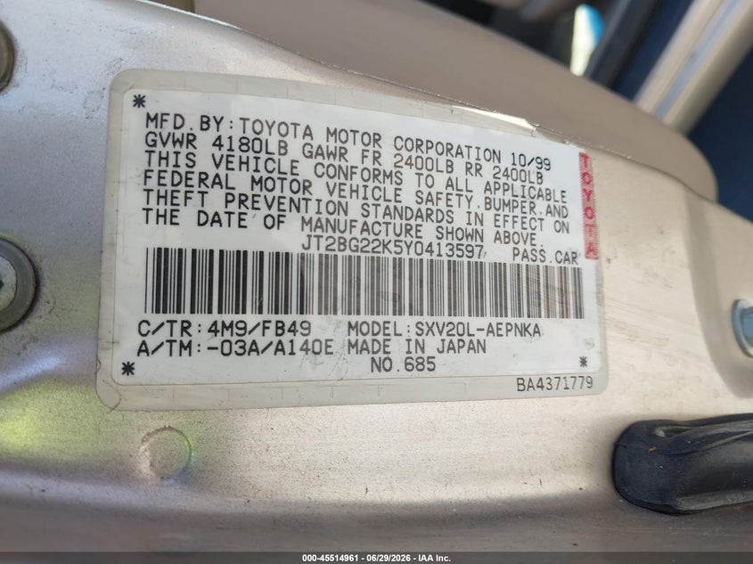 2000 Toyota Camry VIN JT2BG22K5Y0413597 IAAI salvage auction — NORMAL WEAR, Clear - Dealer Only (California), sold $675 on 2026-07-06 (photo 9)