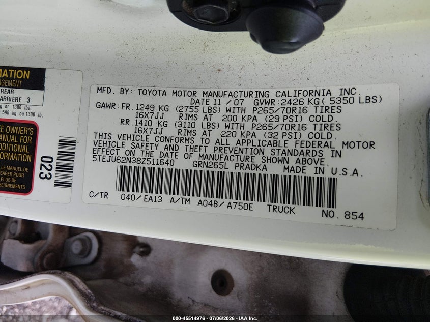 2008 Toyota Tacoma VIN 5TEJU62N38Z511640 IAAI salvage auction — FRONT END, Salvage (Georgia), sold $2,600 on 2026-07-31 (photo 9)