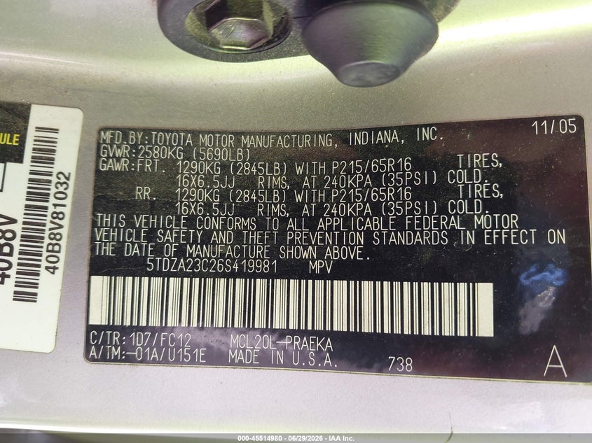 2006 Toyota Sienna VIN 5TDZA23C26S419981 IAAI salvage auction — NORMAL WEAR, Clear (New Mexico), sold $475 on 2026-07-29 (photo 9)