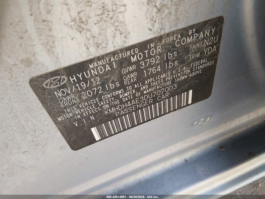 2013 Hyundai Elantra VIN KMHDH4AE3DU707003 IAAI salvage auction — SIDE, Certificate Of Title (Nebraska), sold $675 on 2026-07-30 (photo 9)
