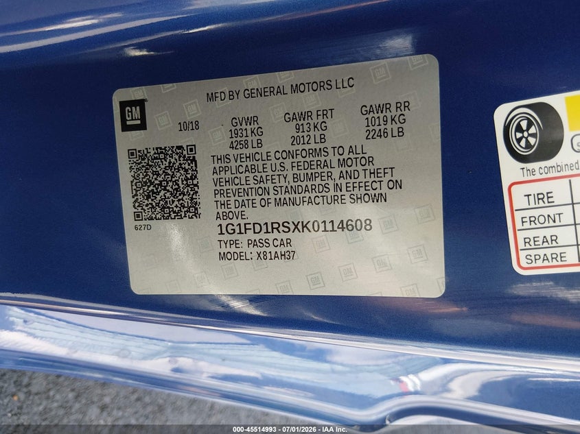 2019 Chevrolet Camaro VIN 1G1FD1RSXK0114608 IAAI salvage auction — FRONT END, Salvage Title, sold $6,000 on 2026-08-01 (photo 9)
