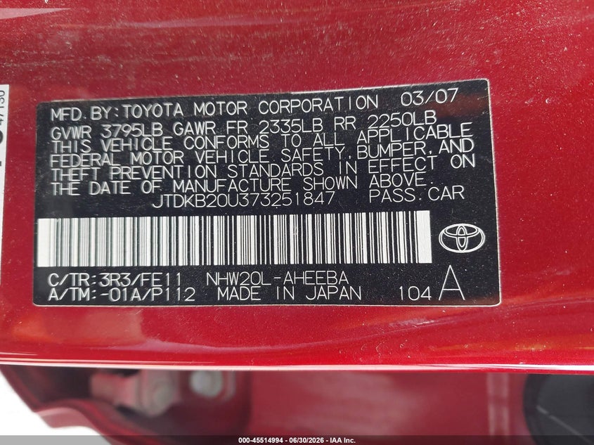 2007 Toyota Prius VIN JTDKB20U373251847 IAAI salvage auction — NORMAL WEAR, Clear - Dealer Only (California), sold $2,250 on 2026-07-07 (photo 9)
