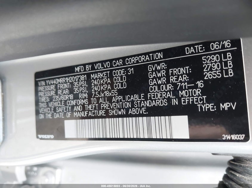 2017 Volvo Xc60 VIN YV440MRR1H2017381 IAAI salvage auction — NORMAL WEAR, Clear (Pennsylvania), sold $3,850 on 2026-07-28 (photo 9)