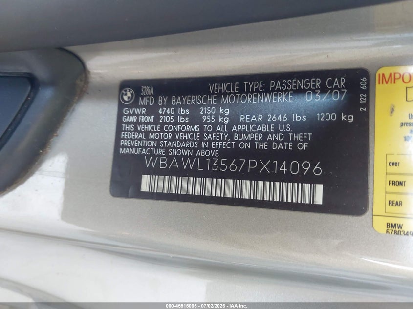 2007 BMW 3er VIN WBAWL13567PX14096 IAAI salvage auction — RIGHT FRONT, Clear (Virginia), sold $1,750 on 2026-07-24 (photo 9)