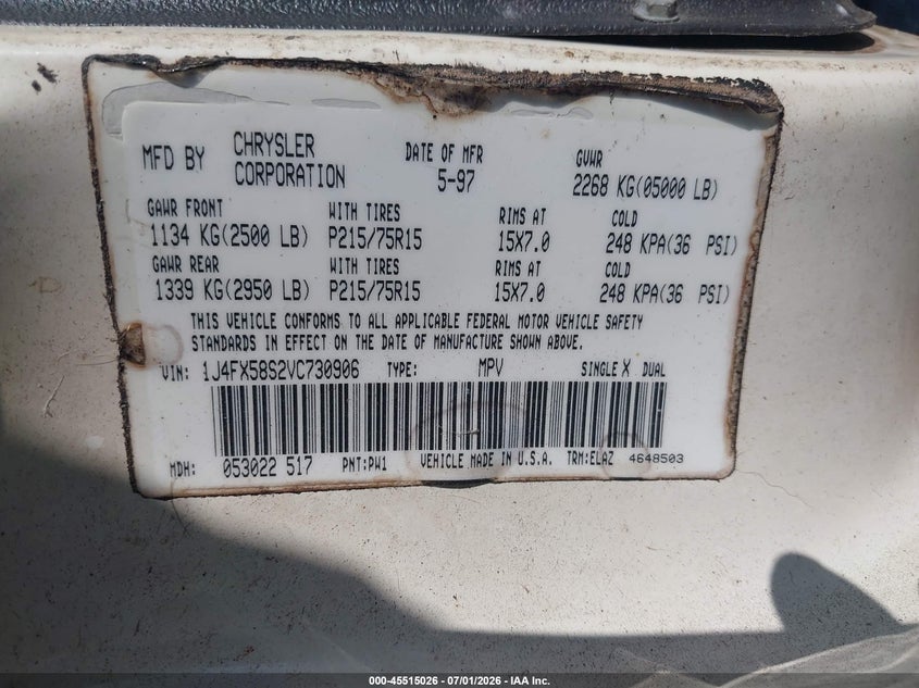 1997 Jeep Grand cherokee VIN 1J4FX58S2VC730906 IAAI salvage auction — LEFT SIDE, Rebuildable (Florida), sold $300 on 2026-07-29 (photo 9)
