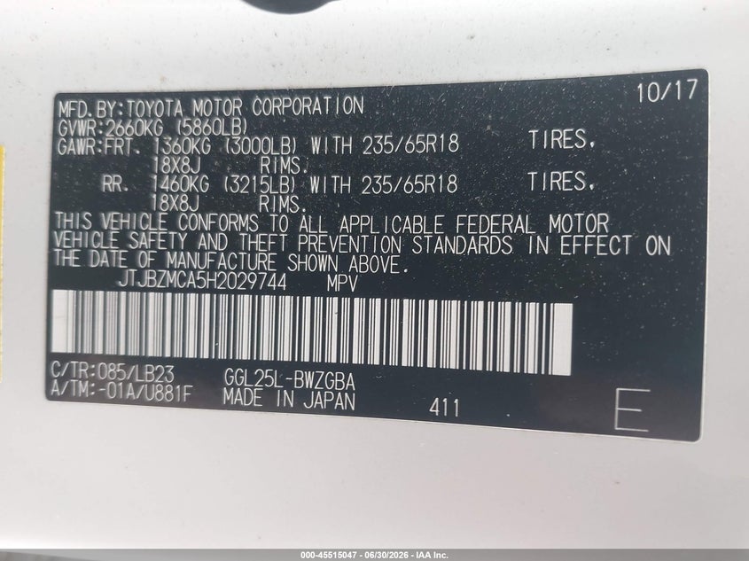 2017 Lexus Rx VIN JTJBZMCA5H2029744 IAAI salvage auction — FRONT END, Salvage Title, sold $8,800 on 2026-07-17 (photo 9)