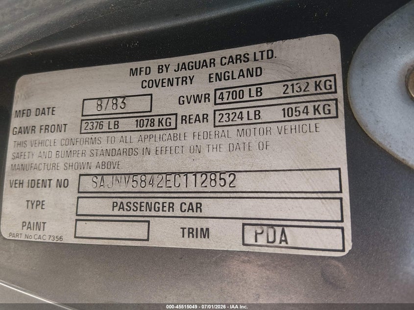 1984 Jaguar Xj series VIN SAJNV5842EC112852 IAAI salvage auction — NORMAL WEAR, Clear-Dealer Only (Oregon), sold $1,600 on 2026-07-22 (photo 9)