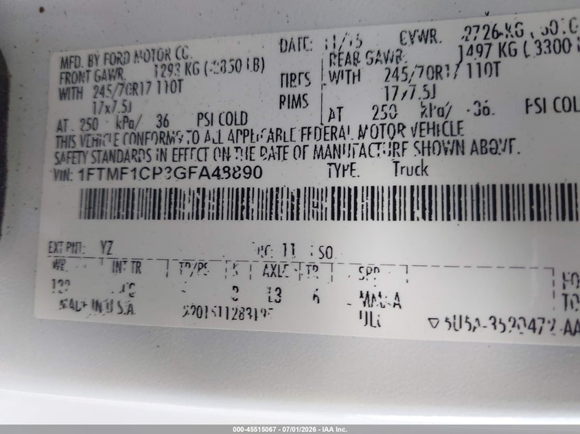 2016 Ford F-150 VIN 1FTMF1CP3GFA48890 IAAI salvage auction — RIGHT FRONT, Clear (Massachusetts), sold $2,300 on 2026-07-10 (photo 9)