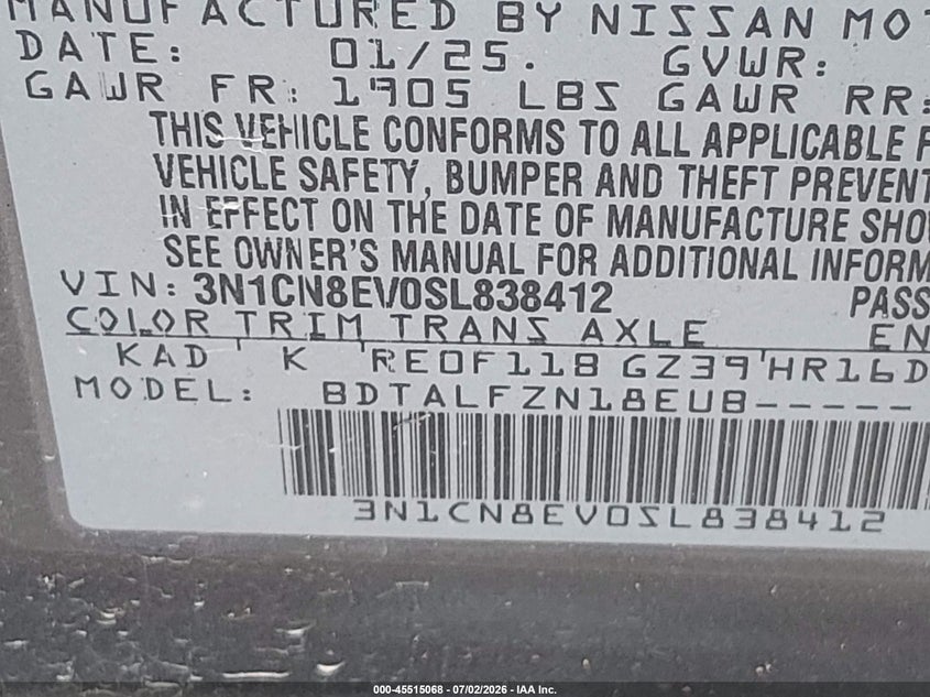 2025 Nissan Versa VIN 3N1CN8EV0SL838412 IAAI salvage auction — LEFT SIDE, Enterprise Vehicles Clear Only (Texas), sold $10,100 on 2026-07-07 (photo 9)