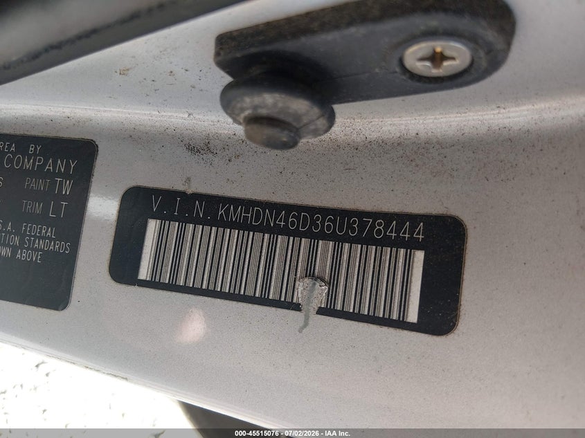 2006 Hyundai Elantra VIN KMHDN46D36U378444 IAAI salvage auction — NORMAL WEAR, Clear (Virginia), sold $350 on 2026-07-28 (photo 9)