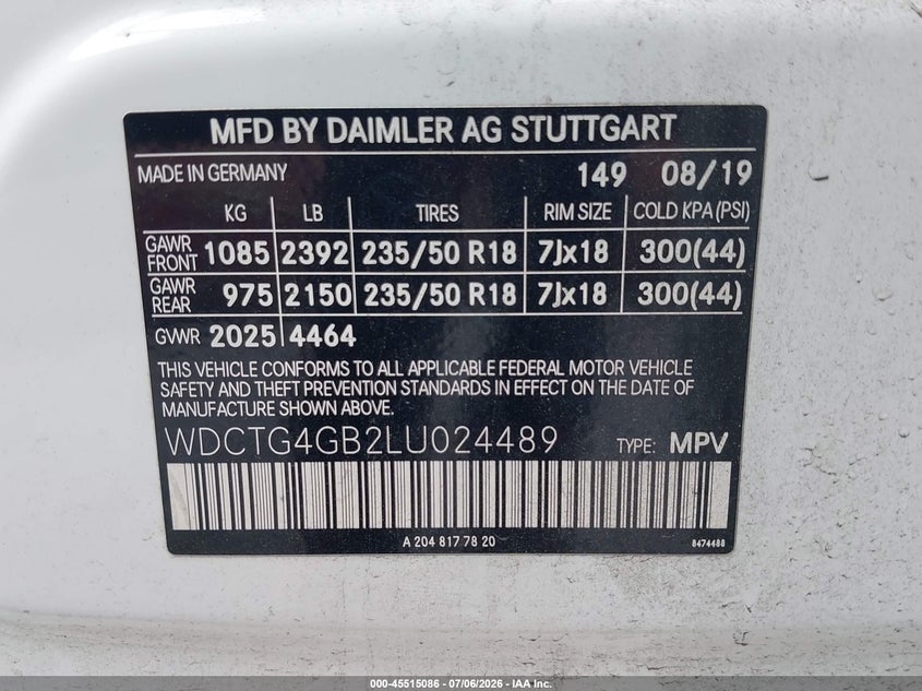 2020 Mercedes-benz Gla-klasse VIN WDCTG4GB2LU024489 IAAI salvage auction — LEFT REAR, Wait Title, sold $5,925 on 2026-08-20 (photo 9)