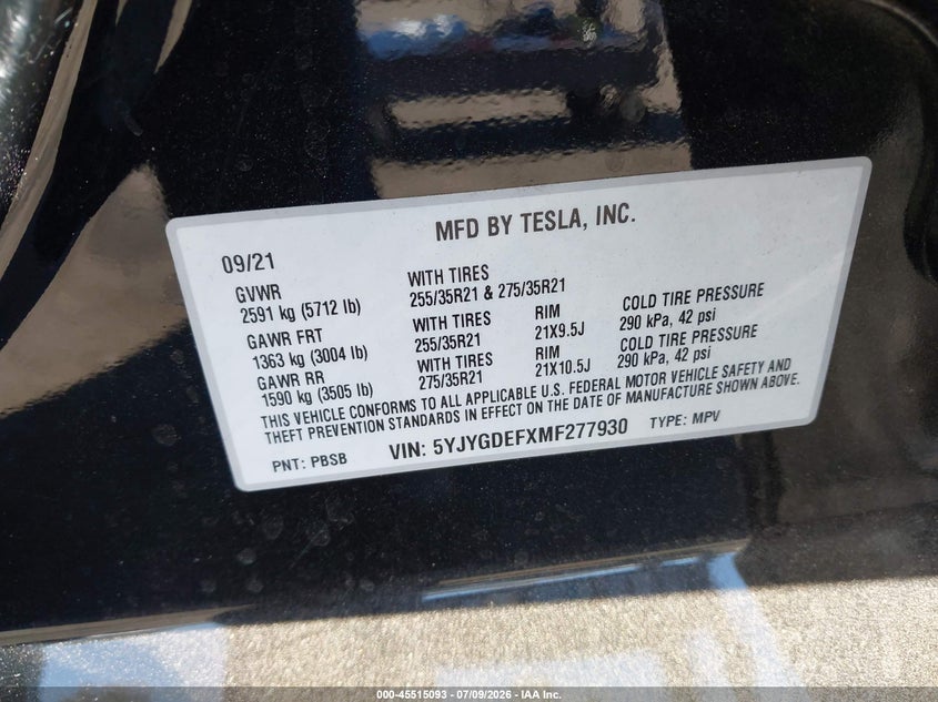 2021 Tesla Model y VIN 5YJYGDEFXMF277930 IAAI salvage auction — RIGHT SIDE, Salvage Title, sold $11,575 on 2026-07-31 (photo 9)
