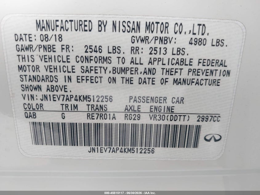 2019 Infiniti Q50 VIN JN1EV7AP4KM512256 IAAI salvage auction — THEFT, Wait Title, sold $2,850 on 2026-08-02 (photo 9)