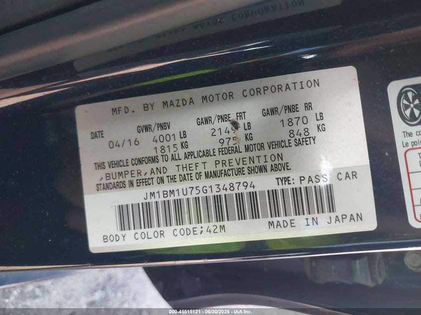 2016 Mazda 3 VIN JM1BM1U75G1348794 IAAI salvage auction — SIDE, Rebuildable (Florida), sold $1,750 on 2026-07-28 (photo 9)
