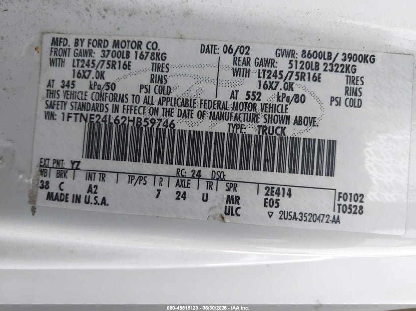 2002 Ford E 250 VIN 1FTNE24L62HB59746 IAAI salvage auction — NORMAL WEAR, Clear (Florida), sold $375 on 2026-07-07 (photo 9)