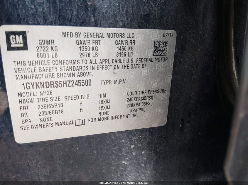 2017 Cadillac Xt5 VIN 1GYKNDRS5HZ245500 IAAI salvage auction — RIGHT FRONT, Salvage (Louisiana), sold $2,550 on 2026-07-18 (photo 9)