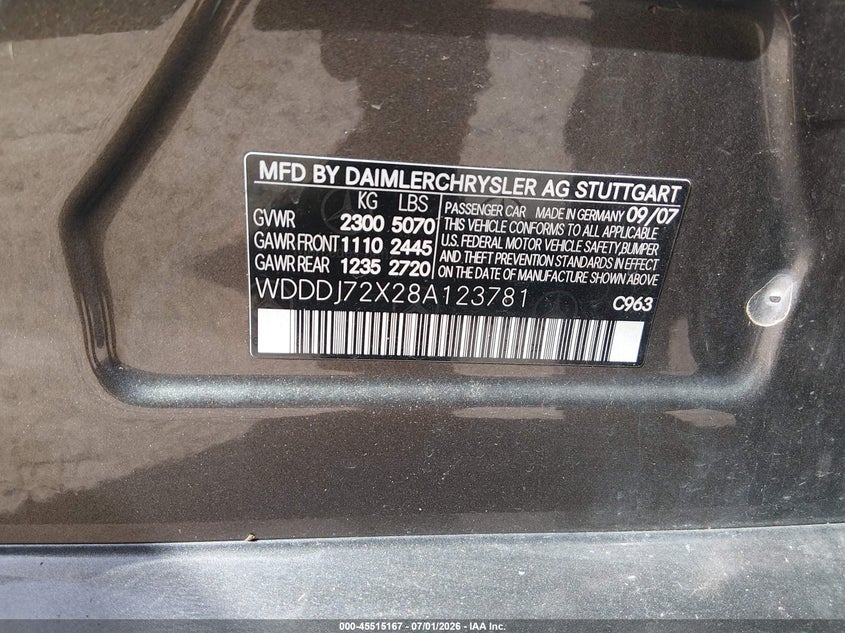 2008 Mercedes-benz Cls-class VIN WDDDJ72X28A123781 IAAI salvage auction — WATER/FLOOD, Salvage (Kentucky), sold $625 on 2026-07-29 (photo 9)
