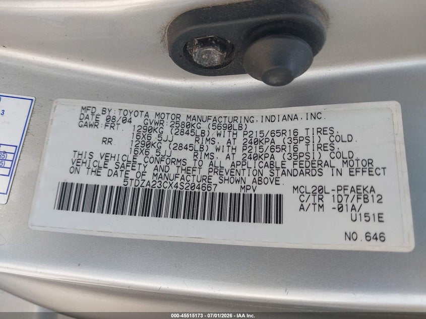 2004 Toyota Sienna VIN 5TDZA23CX4S204667 IAAI salvage auction — NORMAL WEAR, Clear (Illinois), sold $700 on 2026-07-08 (photo 9)