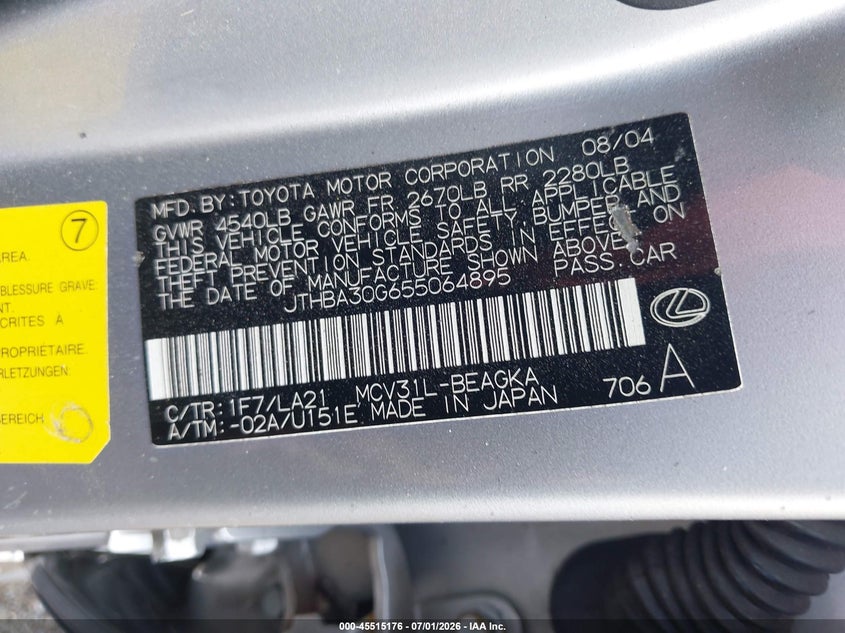 2005 Lexus Es 330 VIN JTHBA30G655064895 IAAI salvage auction — NORMAL WEAR, Clear (Maryland), sold $425 on 2026-07-17 (photo 9)