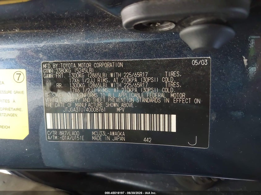 2004 Lexus Rx 330 VIN JTJGA31U740008761 IAAI salvage auction — REAR END, Salvage (Texas), sold $1,150 on 2026-07-28 (photo 9)
