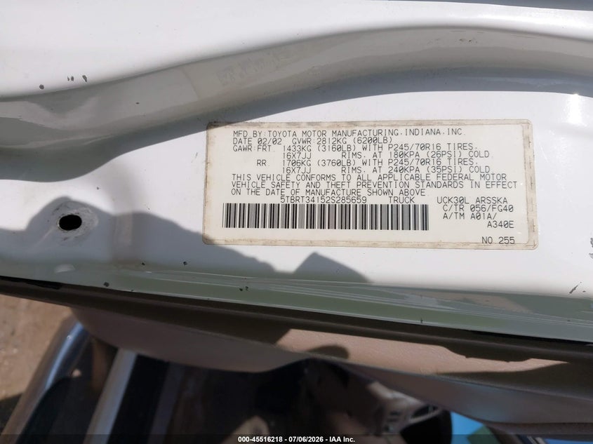 2002 Toyota Tundra VIN 5TBRT34152S285659 IAAI salvage auction — NORMAL WEAR, Original (Texas), sold $1,100 on 2026-07-14 (photo 9)