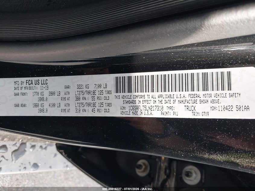 2020 Ram 1500 VIN 1C6SRFLT5LN217310 IAAI salvage auction — SIDE, Salvage Title, sold $13,100 on 2026-07-25 (photo 9)
