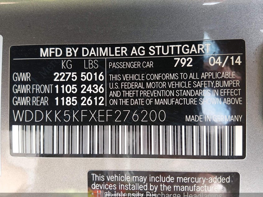 2014 Mercedes-benz E-klasse VIN WDDKK5KFXEF276200 IAAI salvage auction — FRONT END, Salvage (North Carolina), sold $1,450 on 2026-07-29 (photo 9)