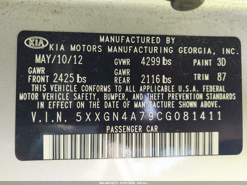 2012 Kia Optima VIN 5XXGN4A79CG081411 IAAI salvage auction — FRONT END, Mv-907A (New York), sold $25 on 2026-07-16 (photo 9)