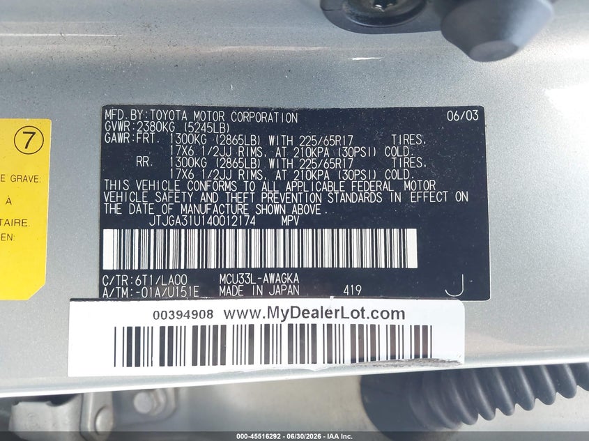 2004 Lexus Rx 330 VIN JTJGA31U140012174 IAAI salvage auction — LEFT SIDE, Salvage (Georgia), sold $800 on 2026-08-01 (photo 9)