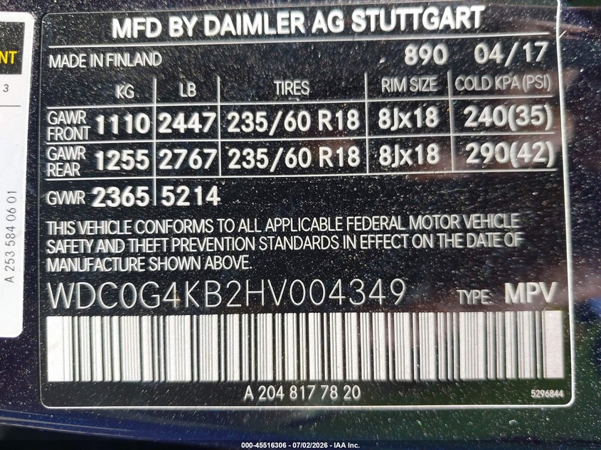 2017 Mercedes-benz Glc VIN WDC0G4KB2HV004349 IAAI salvage auction — FRONT END, Salvage - Greater Than 75% (Maryland), sold $4,150 on 2026-07-22 (photo 9)