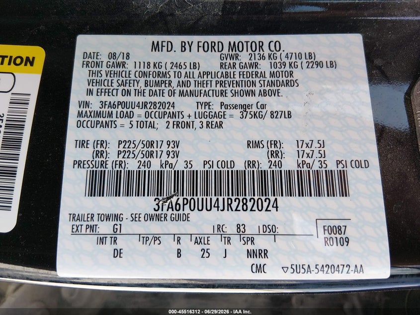 2018 Ford Fusion VIN 3FA6P0UU4JR282024 IAAI salvage auction — NORMAL WEAR, Sf97 (Iowa), sold $12,400 on 2026-09-03 (photo 9)