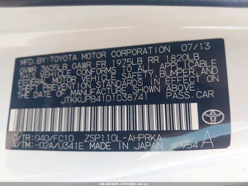 2013 Scion Xd VIN JTKKUPB41D1038741 IAAI salvage auction — REPOSSESSION, Nrc Lienholder Repossession Paperwork (Georgia), sold $825 on 2026-07-24 (photo 9)