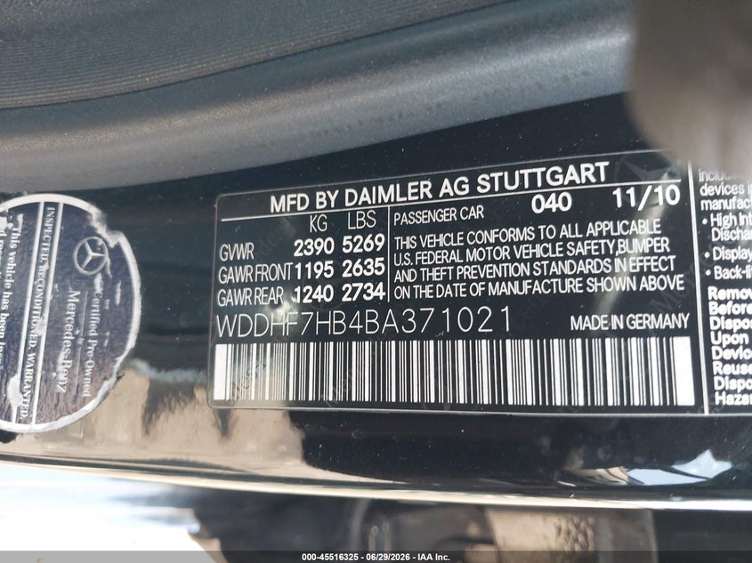 2011 Mercedes-benz E-class VIN WDDHF7HB4BA371021 IAAI salvage auction — NORMAL WEAR, Clear (Florida), sold $4,150 on 2026-07-17 (photo 9)