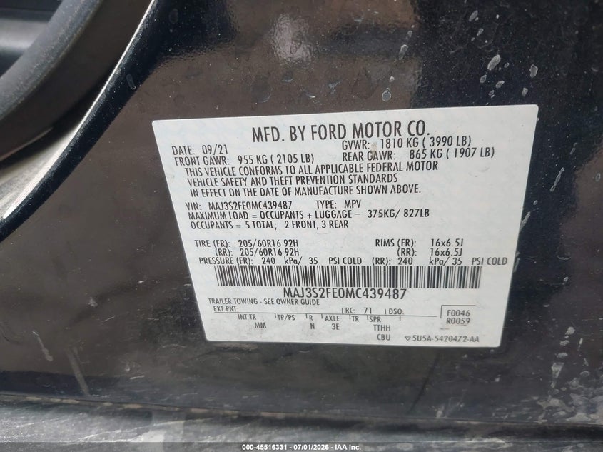 2021 Ford Ecosport VIN MAJ3S2FE0MC439487 IAAI salvage auction — TRANSMISSION, Salvage (California), sold $250 on 2026-07-21 (photo 9)