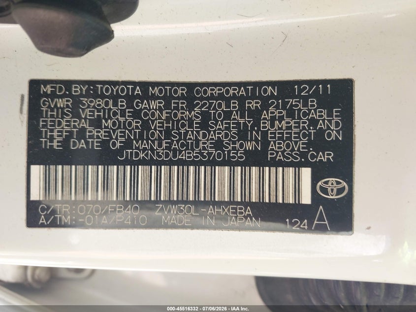 2011 Toyota Prius VIN JTDKN3DU4B5370155 IAAI salvage auction — NORMAL WEAR, Clear (Illinois), sold $1,750 on 2026-07-28 (photo 9)