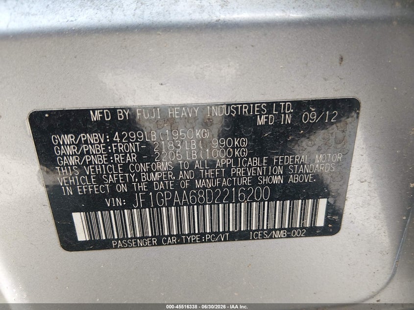 2013 Subaru Impreza VIN JF1GPAA68D2216200 IAAI salvage auction — NORMAL WEAR, Clear (North Carolina), sold $400 on 2026-07-29 (photo 9)