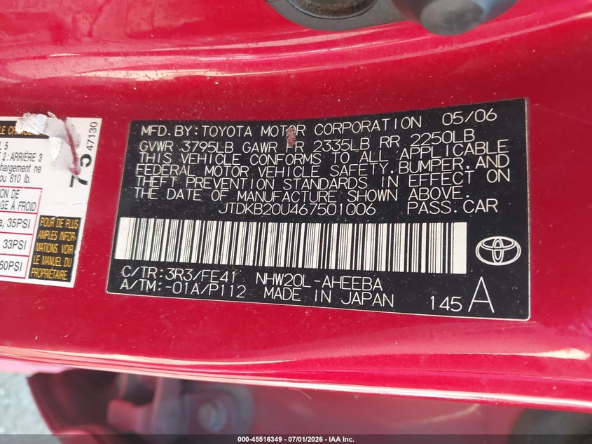 2006 Toyota Prius VIN JTDKB20U467501006 IAAI salvage auction — RIGHT FRONT, Salvage (North Carolina), sold $375 on 2026-07-23 (photo 9)