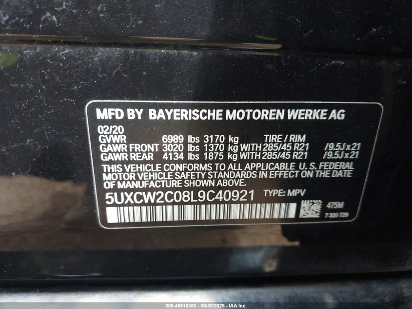 2020 BMW X7 VIN 5UXCW2C08L9C40921 IAAI salvage auction — RIGHT FRONT, Salvage Title, sold $17,400 on 2026-07-15 (photo 9)