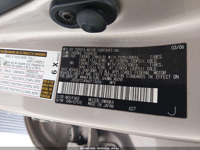 2006 Toyota Highlander VIN JTEGP21A960113656 IAAI salvage auction — FRONT END, Original (Texas), sold $2,550 on 2026-08-02 (photo 9)